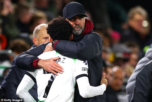 Liverpool boss Jurgen Klopp embraces Diaz before he came on as a substitute on Sunday